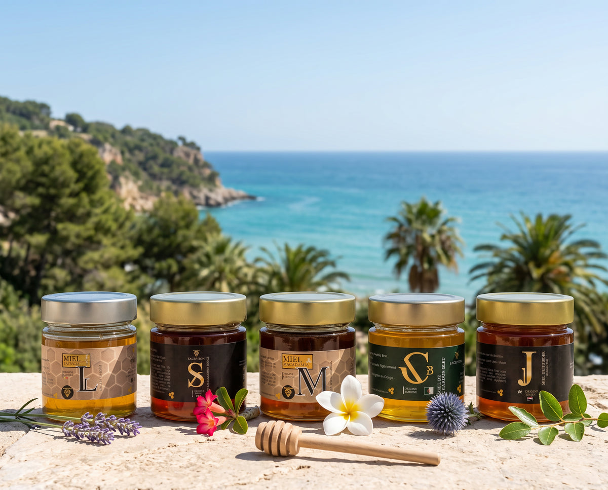 Cinq pots de miel de cinq pays sur un muret en pierre, devant la mer